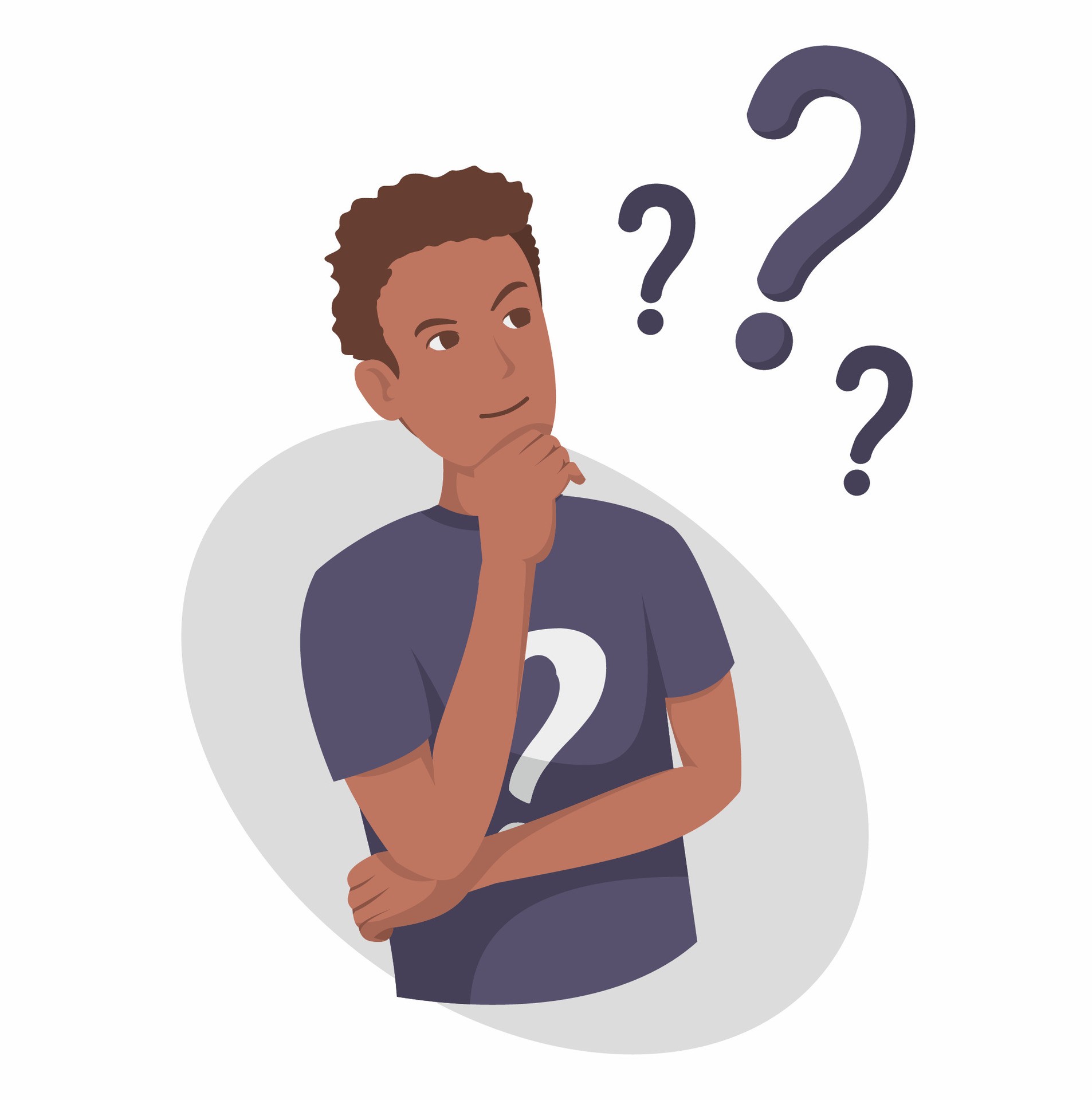 Illustration of a young man thinking, surrounded by question marks.