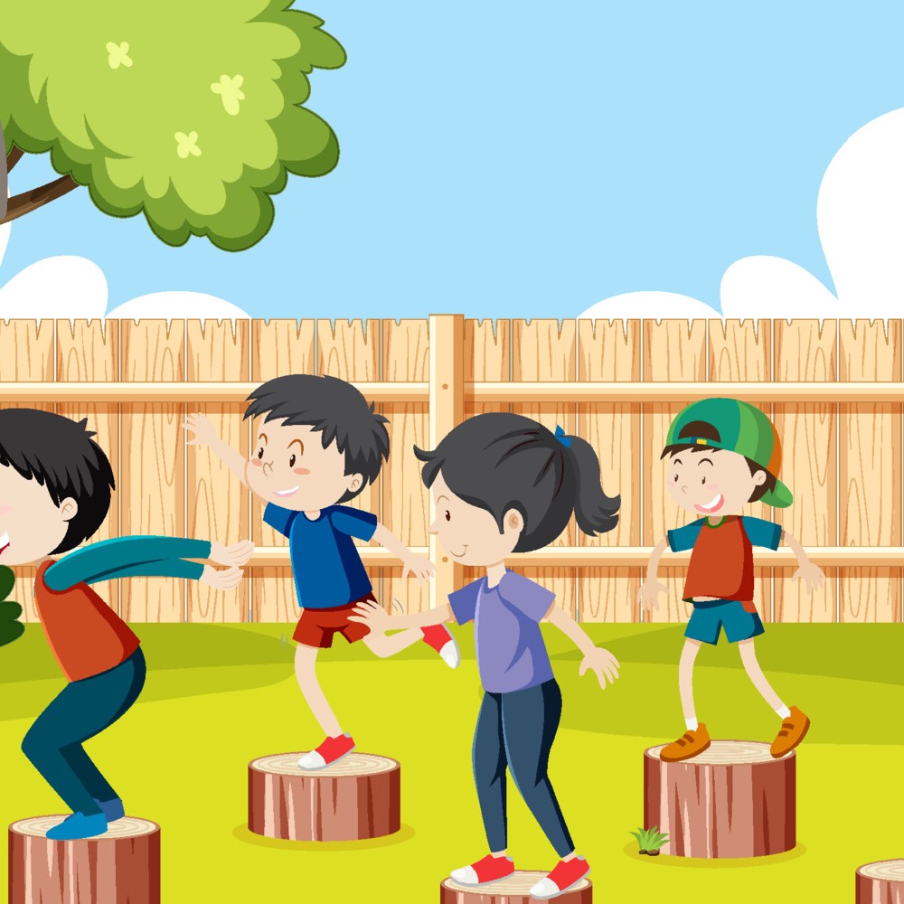Illustration of four children stepping across tree stumps in a backyard.