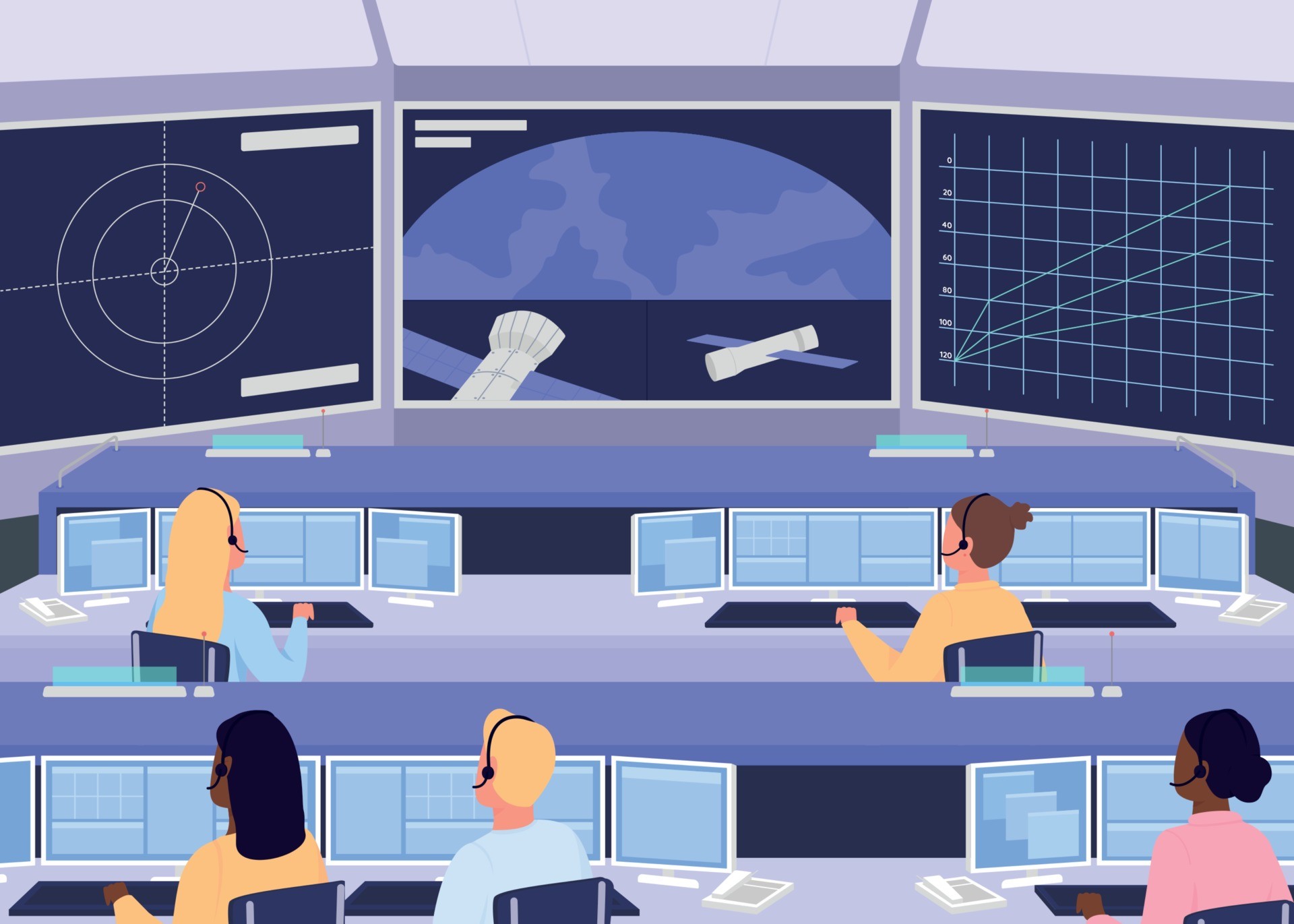 Illustration of a mission control room with a team monitoring a satellite on screens.