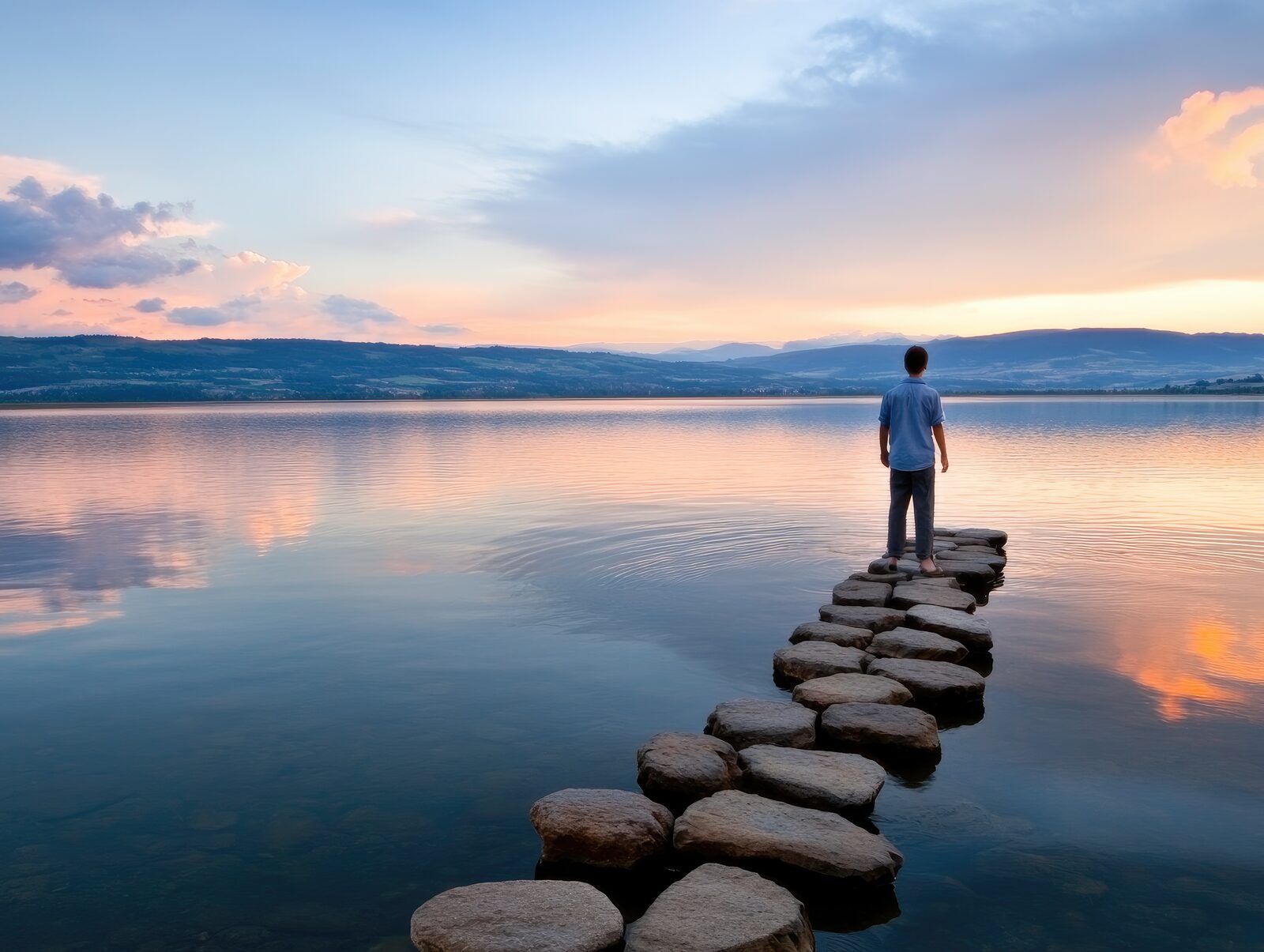 A student stands at the end of a stepping-stone path, looking out toward the horizon.