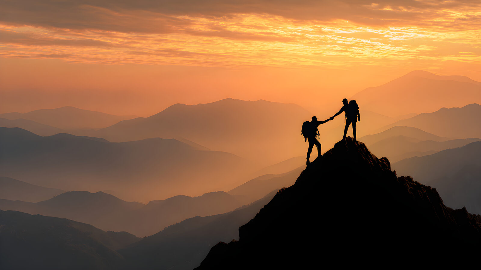Two hikers helping each other reach a mountain summit at sunset.