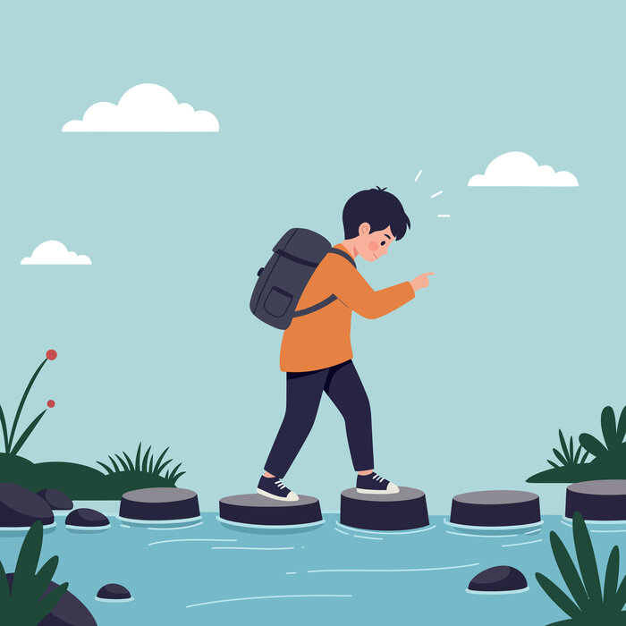 Illustration of a student with a backpack crossing stepping stones across a river.