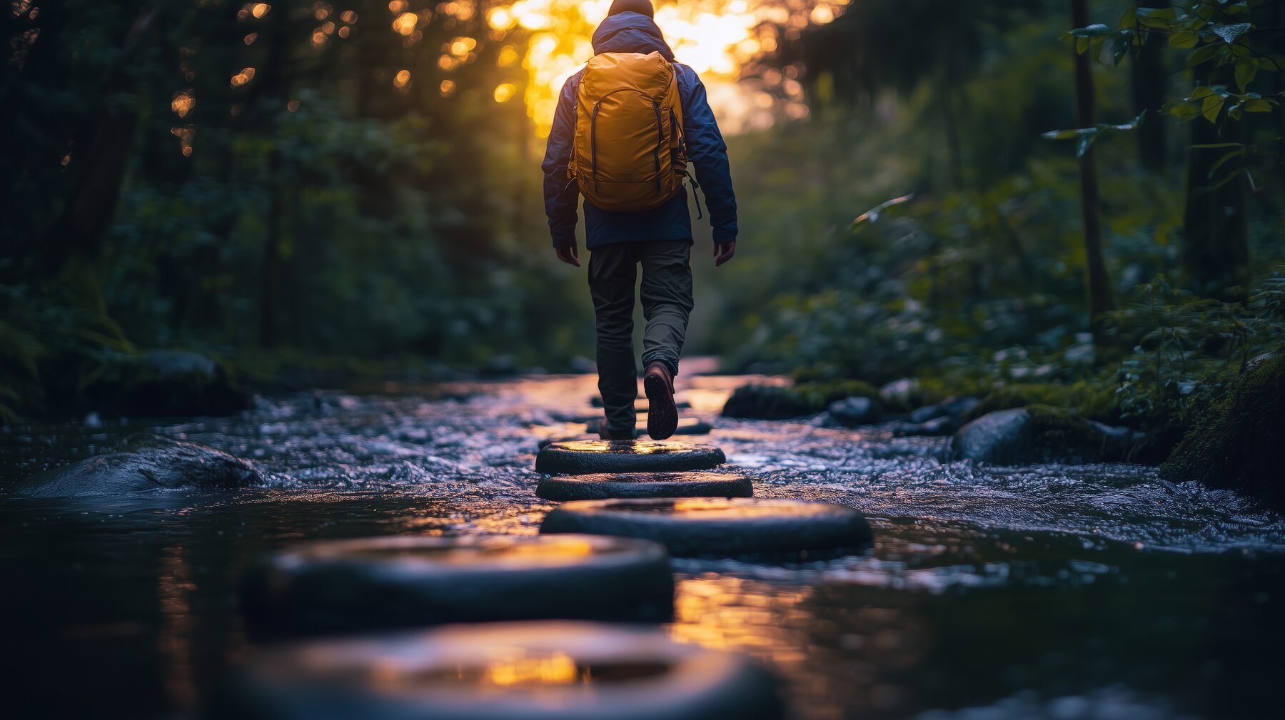 A student with a backpack walking confidently across stepping stones toward a sunset.